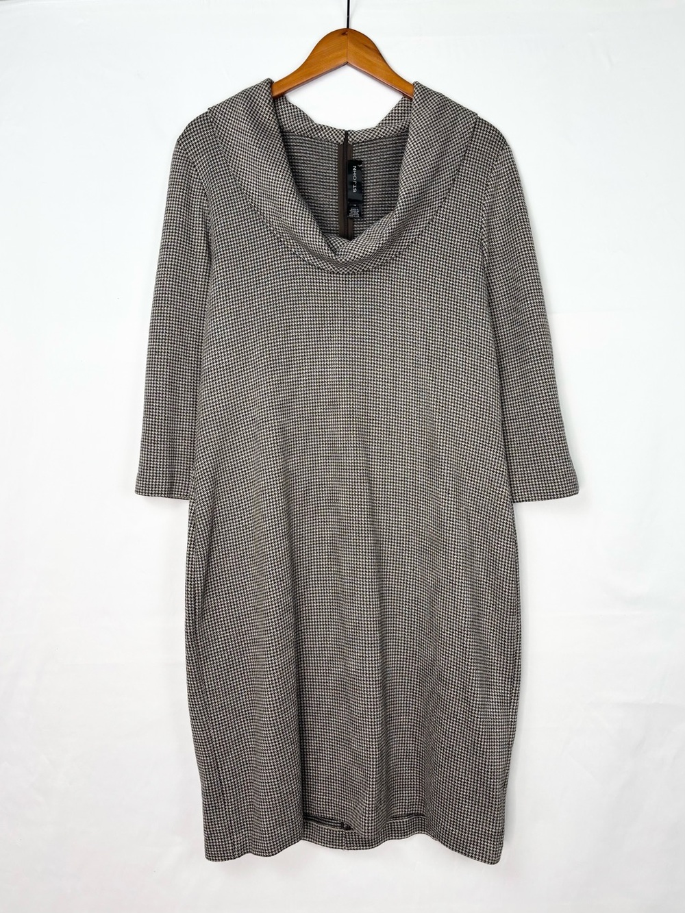 St John Houndstooth Cowl Scoop Neck Dress Midi Brown 3/4 Sleeve Plus Size 16